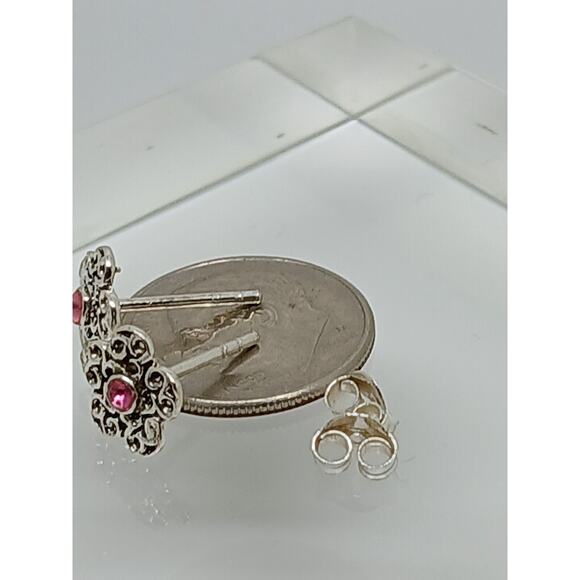 Vintage Estate Jewelry NOS .925 Sterling Silver Pink Crystal Flower Earrings - Picture 3 of 8